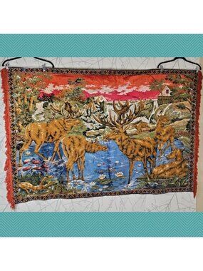Vintage Deer Drinking Water In Forest Woodland Velvet Rug Wall Hanging
